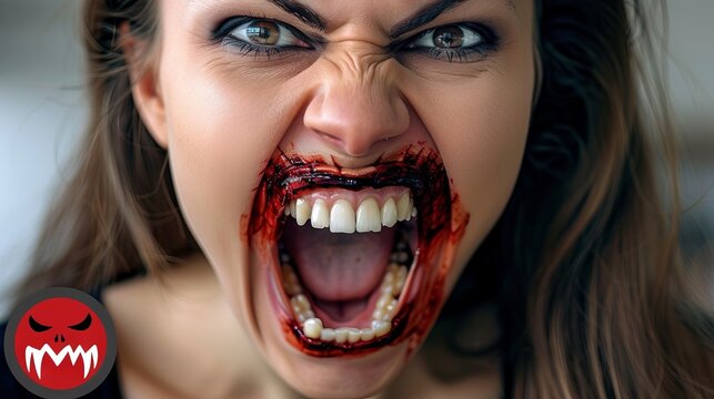 Detailed close-up of vampire fangs in a mouth with bright red lipstick, emphasizing a supernatural and menacing vibe.