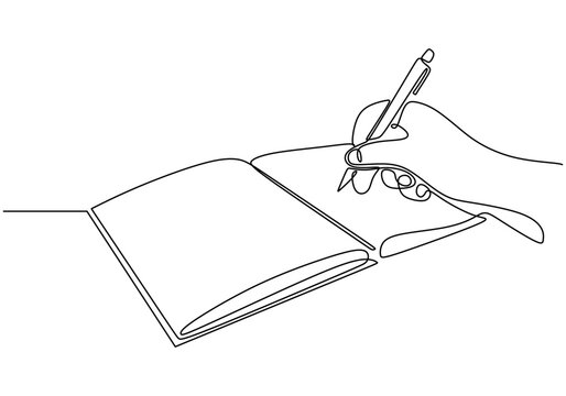 Hand writing in a book with a pen in continuous line drawing. Simple art showcasing study and writing.
