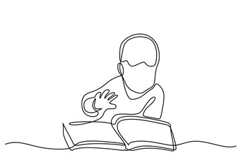 Boy reading a book in continuous line drawing. Simplistic design focusing on education and knowledge.