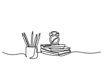 Alarm clock and stationery on books in continuous line drawing. Simplistic design for organization and study.