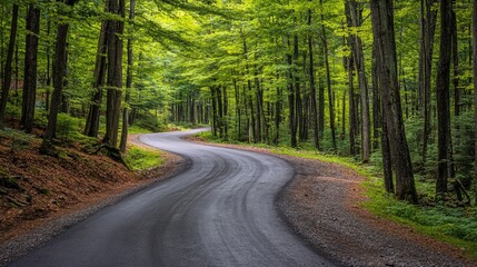 Obraz premium Scenic Curved Road Through Lush Green Forest