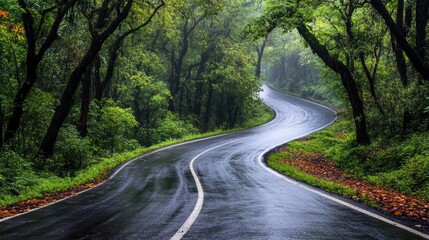 Fototapeta premium Serene Curved Road Through Lush Green Forest