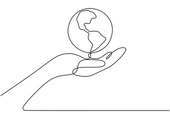 Continuous line drawing of a globe resting on a hand. Minimalist representation for global themes and protection.
