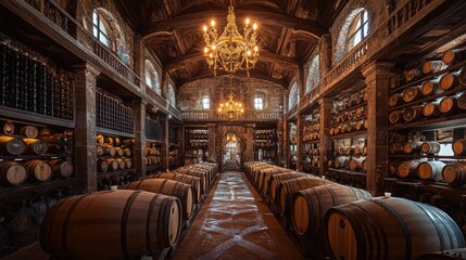 Rustic Wine Cellar with Barrels and Chandeliers Under Vaulted Stone Ceilings