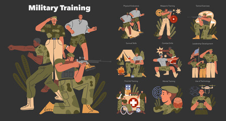 Military Training. Flat Vector Illustration