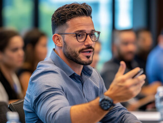 A consultant leading a digital transformation training session, explaining key strategies and best practices to business leaders.