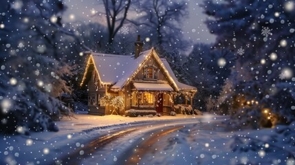 Serene Snowy Landscape with a Picturesque Cottage Decorated for the Holidays