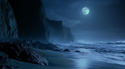 Majestic coastal cliffs stand against a dark ocean under full moon illumination. Rocky shoreline meets turbulent waters creating misty seafoam. 
