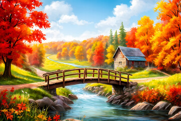 Obraz premium illustration of Scenic autumn landscape with a rustic bridge over a serene river. 