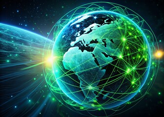 Fototapeta premium Abstract Digital Earth with Spinning Data Lines and Green Sphere - Futuristic Night Photography Concept Illustration