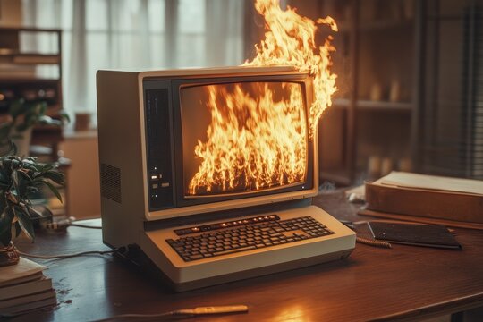 A vintage computer is on fire. This photo depicts the dangers of outdated technology.