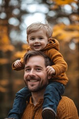 A dad holding his preschool age son on his shoulders, Generative AI