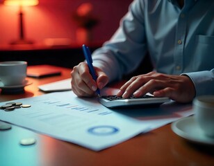 A person's hands using a calculator and writing on financial documents on a desk