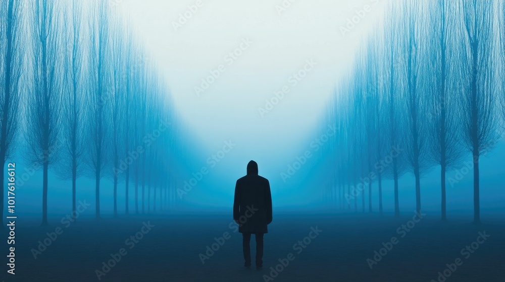 Aufkleber lone silhouetted figure walking through a misty dense forest landscape creating a sense of solitude 