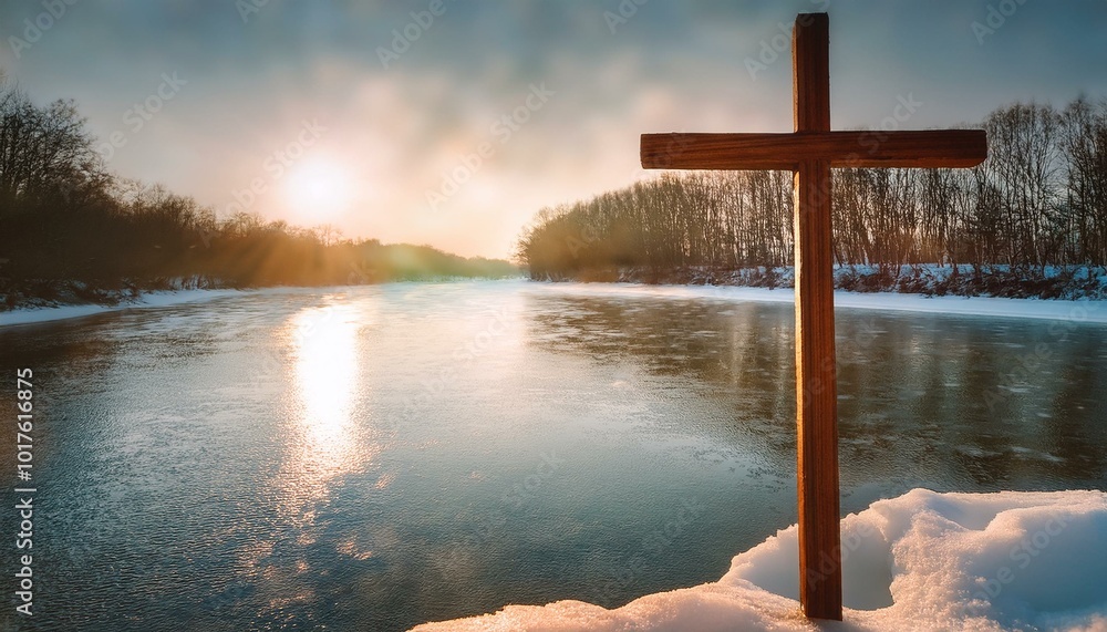 Wall mural a cross made of wood set against the backdrop of an icy river, reflecting the pale winter sun as sno