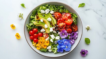 Colorful salad with fresh vegetables and edible flowers.