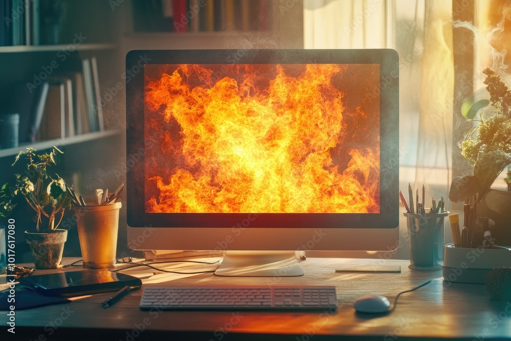 Aufkleber computer screen shows flames. conceptual image of a system error, failure, or crash.