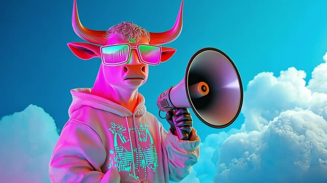 A pink bull wearing sunglasses and a white hoodie shouts through a megaphone against a bright blue sky with white clouds.