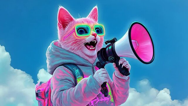 A pink cat with neon sunglasses holding a megaphone against a blue sky with clouds.