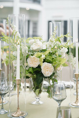 Green Wedding Day Reception Tablescape Centerpieces White Flowers
