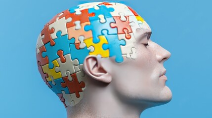 Human Head with Jigsaw Puzzle Pieces   Mental Health Concept