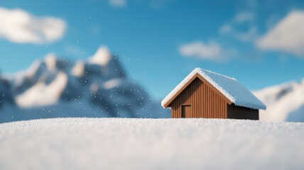 A serene winter scene featuring fluffy snow gently falling over a cozy mountain cabin.