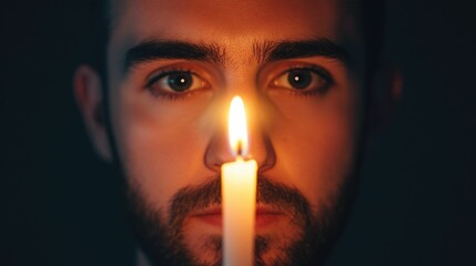 Powerful and Emotive Portrait of a Man Lit by a Single Candle Evoking a Sense of Sorrow Grief and Quiet Contemplation in Solitude