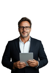 Businessman holding tablet in hands using tablet, isolate on white background, PNG die cut transparent.