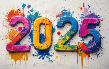The numbers "2025" covered in colorful paint splatters on a white canvas background, showcasing a fun and artistic flair 