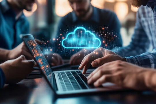 A group of IT professionals working on a cloud transformation project, implementing cloud-based solutions for business growth.