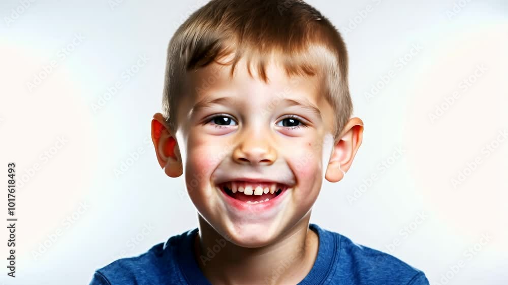 Poster close-up static video of a boy with freckles expressing excitement with studio key light on a minima