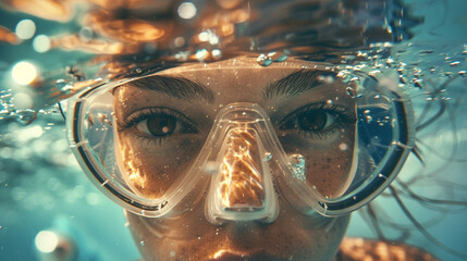 Young woman at snorkeling in the tropical water summer concept, close up face