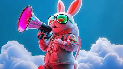 A pink rabbit with sunglasses and a hoodie holds a megaphone in front of a blue sky with white clouds.