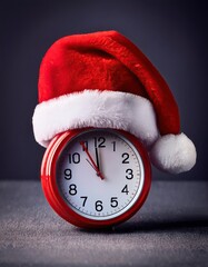  Red clock with Christmas Santa hat. Time for Christmas shopping concept 