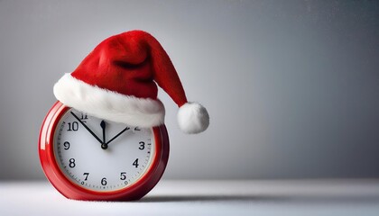  Red clock with Christmas Santa hat. Time for Christmas shopping concept 