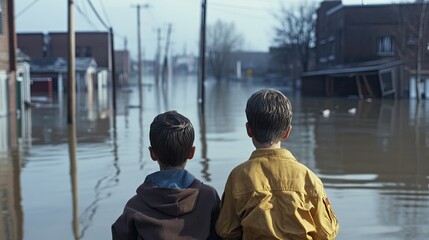 Obraz premium Two boys look at the flooded city from higher ground, with buildings and roads still submerged under the murky water.