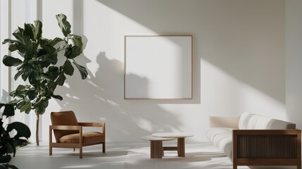 A minimalist living room featuring a blank white wall and stylish Scandinavian-style furniture, flooded with bright sunlight.