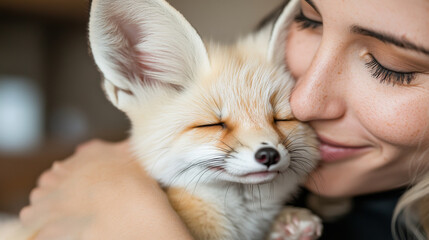 A professional exotic pet trainer working with a fennec fox, using toys and positive reinforcement techniques in a controlled indoor environment.