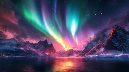 A dramatic view of the Northern Lights over the fjords of Norway, with rugged cliffs and icy waters reflecting the aurora.