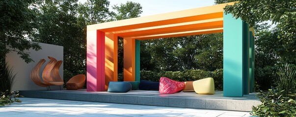 Bold color blocks and abstract sculptures under a post-modern pergola offer a unique outdoor experience.