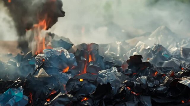 Plastic waste burning with smoke.