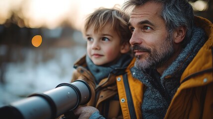 A man and a boy enjoy stargazing together with a telescope during twilight.