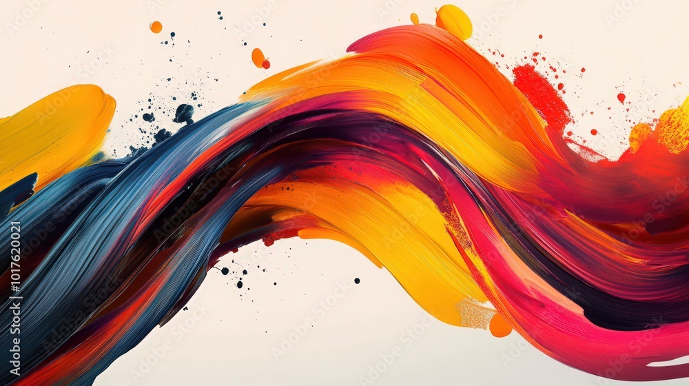 Poster vibrant color brush strokes create a dynamic ribbon wave, blending into an abstract splash backgroun