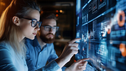A corporate team discussing digital transformation solutions in a tech-focused meeting room, with charts and data displayed.