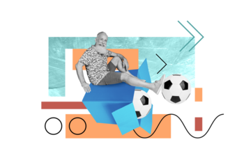 Magazine template image collage of happy grandfather relax on sand summer tour playing football with family