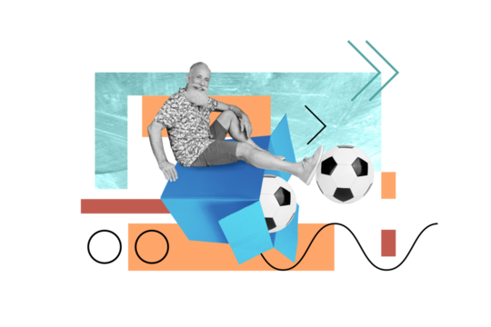 Magazine template image collage of happy grandfather relax on sand summer tour playing football with family - Powered by Adobe