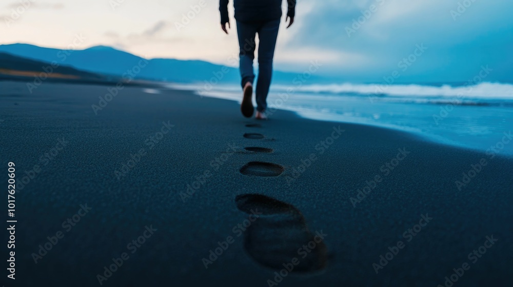 Aufkleber lone figure stands at the edge of the ocean footprints in the sand leading the way to a contemplativ
