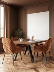 Fototapeta premium A modern dining area featuring a stylish table and chairs with a warm color palette.