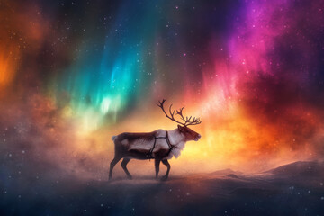 A Finnish reindeer sleigh ride under the Northern Lights, with colorful auroras lighting up the night sky.