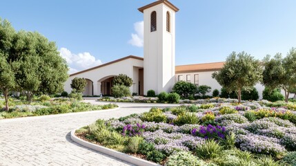 Mediterranean Style Building with Lush Landscaping and Stone Pathway